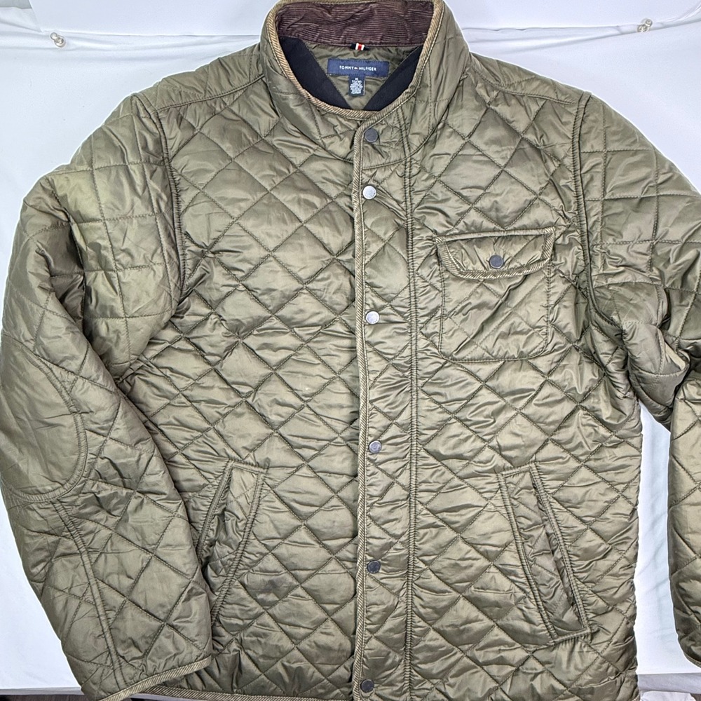 Tommy Hilfiger Mens XL Quilted Barn Jacket Olive Green Corduroy Fleece Lined
